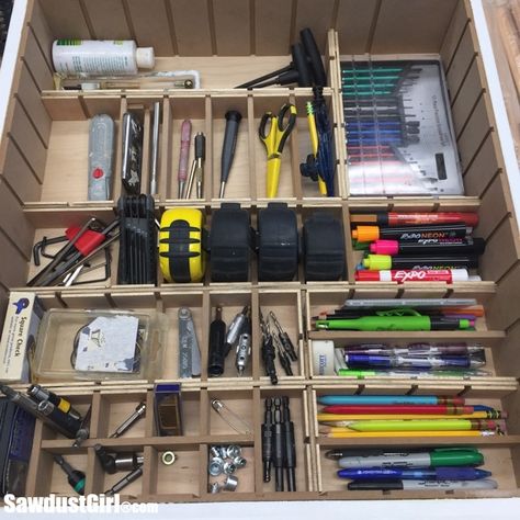 Officine In Garage, Tool Drawer Organizer, Garage Hacks, Adjustable Drawer, Plywood Storage, Sawdust Girl, Workshop Projects, Shop Shelving, Tool Drawers