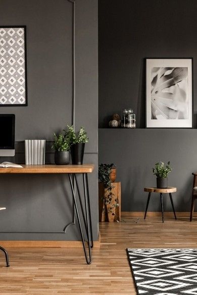 Gray Walls Interior Design, Office With Grey Walls, Dark Grey Accent Wall Office, Slate Grey Walls, Dark Grey Home Office, Home Office Grey Walls, Charcoal Entryway, Small Office Wall Colors, Gray Office Walls