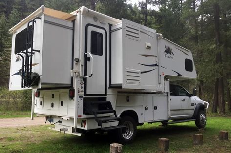 Triple-Slide On A Class 5 - Truck Camper Magazine Cabover Camper, Small Pickup Trucks, Utility Bed, Slide In Truck Campers, Expedition Overland, Motorcycle Camping Gear, Pickup Camper, Slide In Camper, Truck Bed Camper