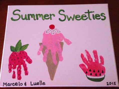 Summer Art Work For Toddlers, Easy Art Ideas For Preschoolers, Summer Hand Print Art, Kids Summer Handprint Art, First Day Of Summer Crafts For Infants, Summer Toddler Painting Crafts, Summer Painting Crafts For Kids, End Of Summer Handprint Art, Handprint Summer Crafts For Toddlers