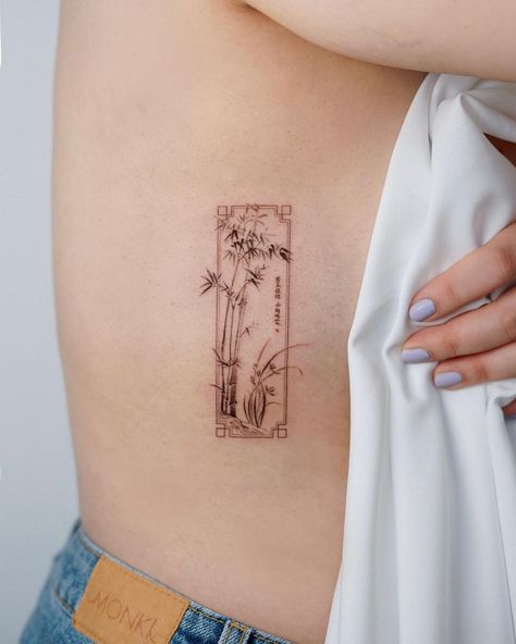 Vietnam Tattoo Ideas Ao Dai, Red Bamboo Tattoo, Chinese Art Style Tattoo, China Inspired Tattoos, Cambodia Tattoo Ideas, Vietnamese Art Tattoo, Chinese Orchid Tattoo, Chinese Painting Style Tattoo, Small Bamboo Tattoo