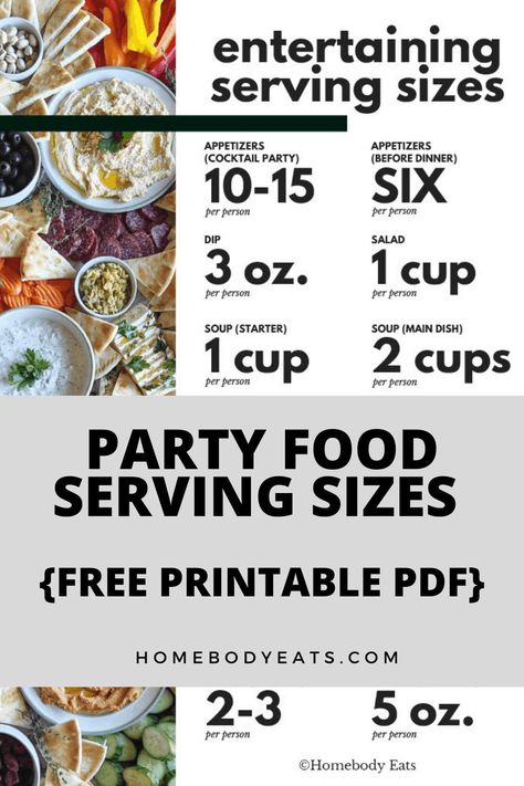 Ever wondered how much food to serve at a party? Here's the ultimate food quantity chart to help you serve the right amount of food at your next get together! This free guide will help you plan the exact amount of food so you can feed a crowd, but not be eating leftovers for days. No food waste, and no hungry guests. This is just the thing you need to help plan your next party! Party Food Serving Guide, Party Food Calculator, Dinner Party Recipes Make Ahead, Dinner Party Recipes Elegant, Dinner Party Recipes Main, Serving Size Chart, Healthy Dinner Party Recipes, Party Planning Food, Entertaining Desserts