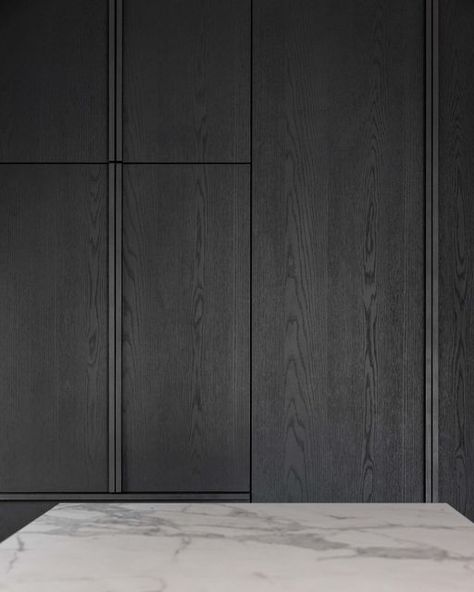 Annika Rowson on Instagram: "Heading into our next series with a fresh renovation for rad clients & starting with a peep of the beautiful veneer cabinetry featuring a custom handle detail & a glimpse of the porcelain island 🖤 @parker 📷 @michele_szczepanski @vidaspace @archantnz . . . . #rowsonkitchens #qualityoverquantity #kitchen #design #details #bespoke #oak #veneers #porcelain #custom #interiorarchitecture #decor #style #elegant #interiors #texture" Oak Veneer Kitchen, Annika Rowson Kitchens, Oak Kitchen Cabinet, Black Cabinetry, Kitchen Island Detail, Cabinet Veneer Kitchen, Black Oak Kitchen, Black Plywood, Black Wood Kitchen