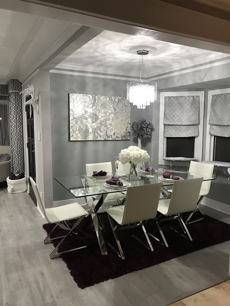 Glass Kitchen Table Ideas, Dining Room Ideas Glass Table, Zgallerie Dining Room, Glass Dining Table Decor Rectangular, Clear Dining Table Decor, Glass Dining Room Table Decor Rectangle, Black And Grey Dining Room Decor, Boujee Dining Room, Glass Table Decor Dining