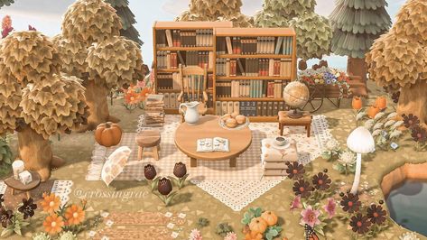 Cottagecore Library, Town Inspiration, Cottagecore Animal Crossing, Animal Crossing New Horizon, Acnh Inspiration, Acnh Cottagecore, Cozy Library, Autumn Animals, Library Inspiration