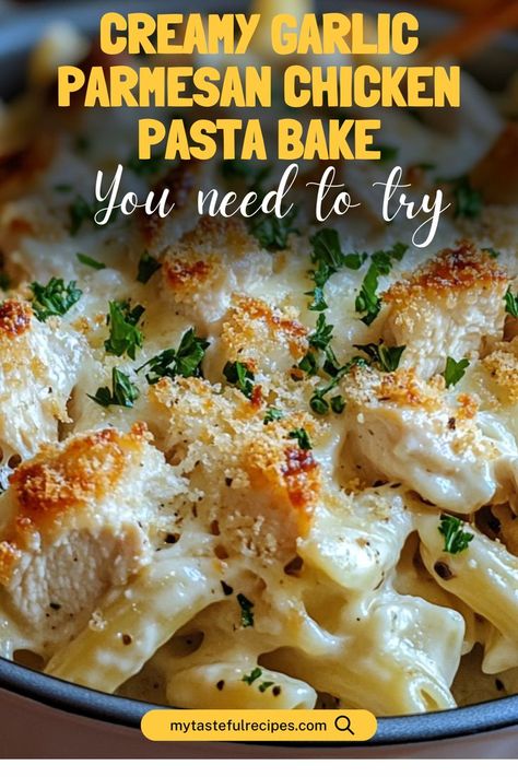 Indulge in the ultimate comfort food with this creamy garlic parmesan chicken pasta bake! Loaded with tender chicken, garlic, parmesan, and a hint of herbs—baked to golden perfection. Perfect for a cozy family dinner! Creamy Chicken Garlic Parmesan Pasta, Creamy Garlic Parmesan Chicken Bake, Creamy Chicken Pasta Bake Recipes, Garlic Parmesan Chicken Pasta Bake, Garlic Chicken Parmesan Pasta, Garlic Cream Sauce Pasta, Chicken And Pasta Dishes, Pasta Bake With Chicken, Chicken And Pasta Recipes Easy