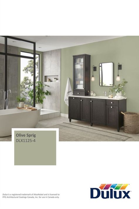 Dulux Green Paint, Dulux Bathroom Paint, Dulux Colour Schemes, Bathroom Paint Colours, Rental Bathroom Ideas, Kitchen Paint Colours, Olive Green Bathrooms, Trending Bathroom Colors, Olive Sprig