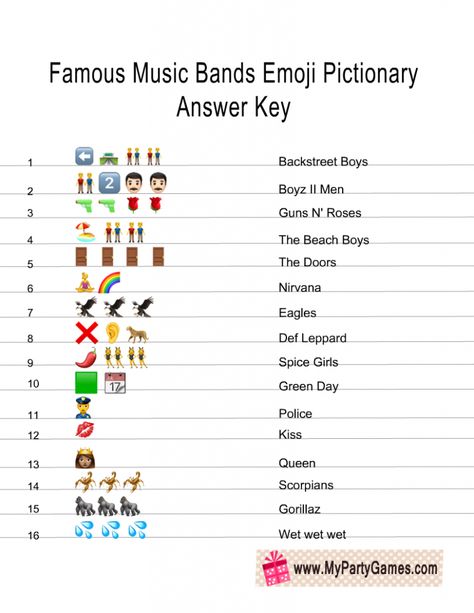 Free Printable Famous Music Bands Emoji Pictionary Quiz Music Quiz Ideas, Emoji Games For Adults, Emoji Song Quiz With Answers, Guess The Song Emoji With Answers, Emoji Riddles With Answers, Emoji Puzzles With Answers, Music Quiz Questions And Answers, Emoji Quiz And Answers, Emoji Games With Answers