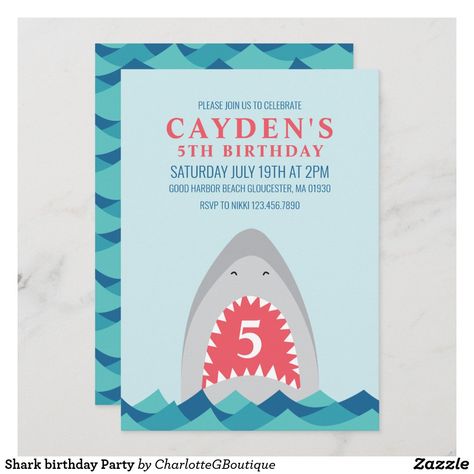 Shark birthday Party Shark Birthday Party Invitation, 98th Birthday, Shark Mouth, Shark Birthday Party, Shark Birthday, Shark Bites, Birthday Design, Invitation Sizes, Birthday Party Invitation