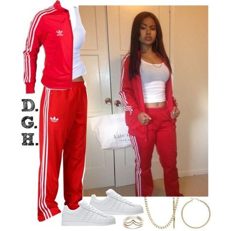 Red Adidas., created by dopegenhope on Polyvore Adidas Tracksuit Outfit, Red Adidas Outfit, Red Adidas Tracksuit, Red Adidas Jacket, Adidas Leggings Outfit, Adidas Jumpsuit, Adidas Outfit Women, Jumpsuit Outfits, Tracksuit Outfit