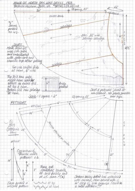 Thank you for all your kind comments! I'm glad to have you along for the ride. :) Anyway... Pattern Here are my notes on the pattern for each piece of the oak leaf dress , channelling Janet Arnold as best I can... (click and then click again for big version) Skirt Bodice The cut of the skirt is… Janet Arnold, Janet Arnold Patterns Of Fashion, Cathy Hay, 1880s Petticoat Pattern, 1910s Petticoat Pattern, 1910s Skirt Pattern, 1910 Skirt Pattern, Edwardian Bodice Pattern, Patterns Of Fashion