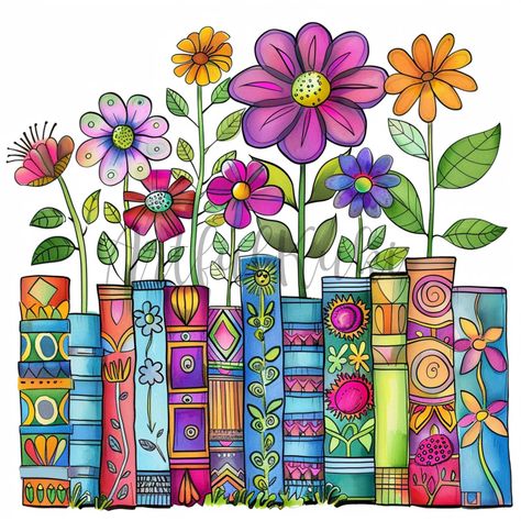 Unique Border Designs For Projects, Whimsical Journal, Book And Flowers, How To Draw Books, Book Doodle, Books And Flowers, Cute Clip Art, Rustic Books, Whimsical Art Journal