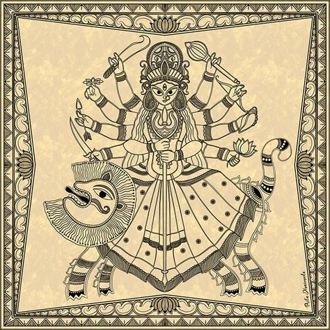 Mithila Art, Ancient Drawings, Bengali Art, Indian Arts, Durga Painting, Kerala Mural Painting, Kalamkari Painting, Canvas Art Projects, Goddess Durga