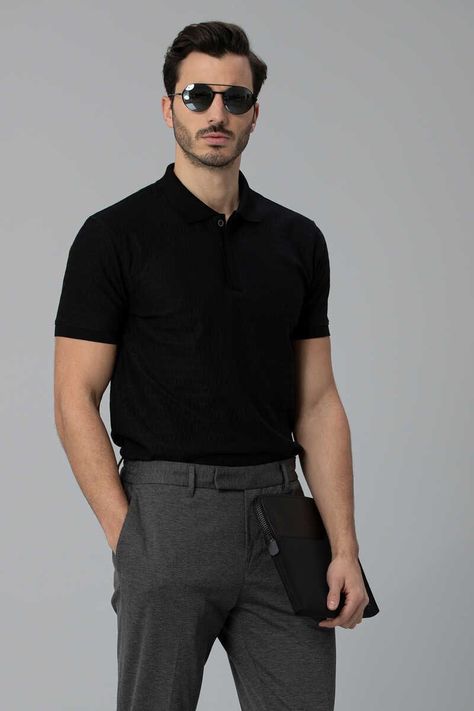 Black Shirt Outfit Ideas For Men, Man Polo Outfit, Polo Business Casual Men, Formal Polo Outfit Men, Polo T Shirts For Men Outfit Formal, Black Polo Outfit Men Formal, Mens Casual Formal Outfits, Black Polo Outfit Men Casual, Outfit Polo Hombre