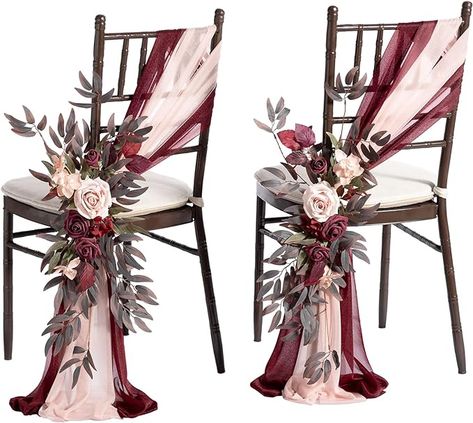 Amazon.com: Ling's Moment Wedding Chair Decorations with Drapes 8pcs Aisle Decorations Burgundy & Dusty Rose Pew Wedding Decorations for Ceremony Reception Outside : Home & Kitchen Wedding Reception Decorations Burgundy, Burgundy Wedding Venue Decor, Dusty Rose And Wine Red Wedding, Burgundy Wedding Chair Decor, Burgundy Chair Covers Wedding, Vintage Burgundy Wedding, Burgundy Boho Wedding Decor, Burgundy Ivory Wedding, Maroon Themed Wedding Decorations