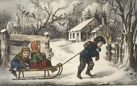 A Ride to School Publisher: Currier & Ives  (American, active New York, 1857–1907) Date: 1874–78 Medium: Hand-colored lithograph Courier And Ives, Currier And Ives Prints, Americana Art, New York Museums, I Love Winter, Currier And Ives, Scene Art, Classic Image, Folk Art Painting