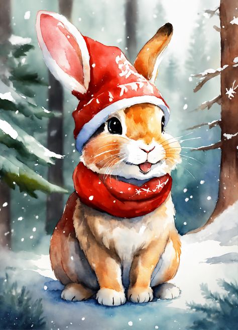 Rabbit In Forest, Christmas Bunnies, Hat Snow, Happy Rabbit, Animal Art Projects, Animals Watercolor, Christmas Bunny, Bunny Wallpaper, Image Chat