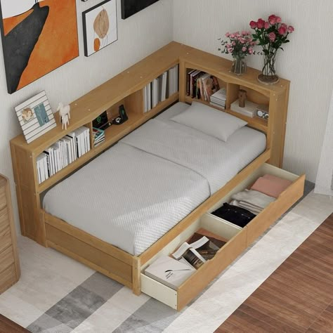 Twin Size Daybed with Two Drawers, Multifunctional Storage Bed Frame with Headboard Bookcase and Charging Staion. Features: Constructed of solid wood, this daybed features a sturdy construction for durability and longevity. Cool Twin Bed Frames, Built In Storage Bed, Small Room Twin Bed Ideas, Diy Twin Bed Frame With Storage, Daybed Kids Room, Diy Daybed Frame, Bed Frame Ideas With Storage, Twin Sized Bed Frame, Twin Bed Frame Diy