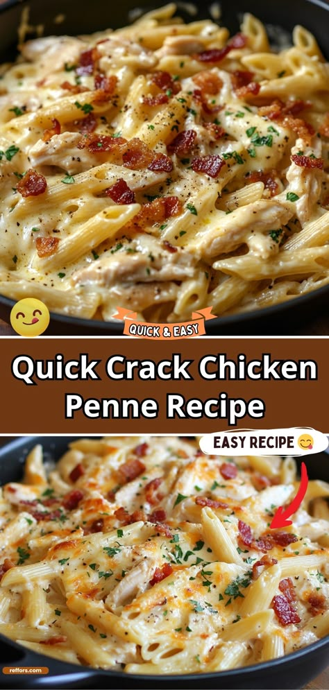 Whip up a meal in no time with Quick Crack Chicken Penne, featuring all the addictive flavors of crack chicken in a creamy, cheesy pasta form. With chunks of tender chicken and crispy bacon, it’s a quick and easy dish that’s perfect for busy weeknights but delicious enough for entertaining. #QuickMeals #CrackChickenPenne #WeeknightDinner Chicken Chunks Recipe, Easy Dinner Cheap, Sunday Family Dinner Ideas, Easy Sunday Dinner Ideas, Chicken Penne Recipes, Chicken Penne Pasta, Penne Recipes, Penne Pasta Recipes, Sunday Dinner Ideas