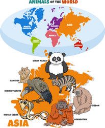 National Animals Of Countries, World Map With Continents, Asia Animals, Homeschooling First Grade, Geography Themes, Continents Activities, Asian Animals, World Map Continents, Cartoon Map