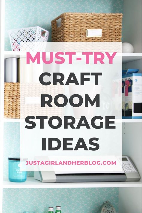 Image showing organized craft room shelves with various storage baskets and containers. A large overlay text reads "MUST-TRY CRAFT ROOM STORAGE IDEAS" with a website URL at the bottom. Organizing Crafts Supplies, Organize Sewing Supplies, Organized Craft Room, Craft Room Storage Ideas, Diy Craft Room Storage, Konmari Method Organizing, Organization By Room, Craft Room Closet, Craft Room Organization Diy