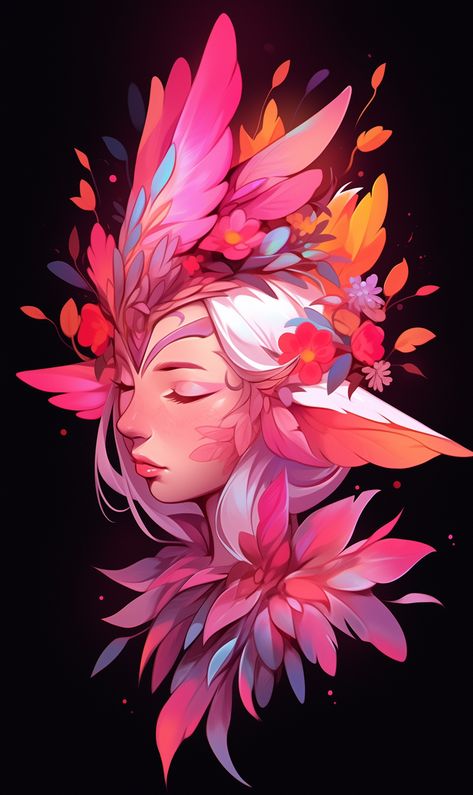 Flower Goddess Drawing, Floral Character Design, Coral Character Design, Cherry Blossom Character Design, Lotus Character Design, Avian Oc, Flower Character Design, Fantasy Creatures Mythology, Flower People