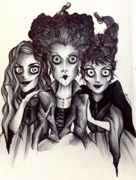 Sisters Drawing, Sanderson Sisters Hocus Pocus, Sibling Tattoos, Sisters Art, Adult Coloring Designs, Tattoo Portfolio, Retro Horror, Sanderson Sisters, Halloween Drawings