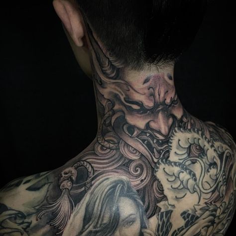 Back Of Neck Tattoo Men Japanese, Japanese Back Of Neck Tattoo, Neck Japanese Tattoo, Asian Neck Tattoo, Tattoo Back Neck, Men’s Neck Tattoos, Japanese Neck Tattoo, Tattoo Neck Men, Mascara Hannya