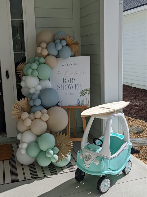 Gender Reveal Beachy, Surf Shack Playroom, The Big One Surf Birthday Pictures, Vw Birthday Party, Surfing Gender Reveal, Surf Gender Reveal, Surfing Baby Shower Ideas, Surfs Up Baby Shower Theme, Ocean Themed Baby Shower Boy