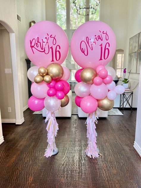 Barbie Balloon Centerpieces Ideas, Bar Balloon Decoration, Balloon Columns Ideas Birthday, Barbie Balloon Columns, Sweet 16 Balloon Garland, Pink Balloon Bouquet, Sweet 16 Balloon Arch, Pink Balloon Columns, Birthday Balloon Columns