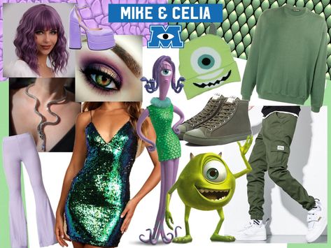 Celia costume: Wavy purple hair (if appropriate for you, you should do purple box braids!), green sequin dress, purple bell bottom pants, snake jewelry. Mike costume: green pants, shoes, and crewneck, mike Wazowski beanie Celia Halloween Costume, Mike Wazowski Girlfriend Costume, Mike Wazowski Costume Men, Morty And Jessica Costume, Celia And Mike Costume, Mike And Sully Couple Costume, Celia Mae Costume Diy, Mike And Celia Costume, Mike Wazowski And Celia Costume