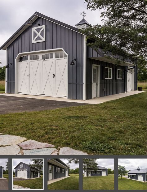 20x20 Garage With Loft, Dream House Garage, Pole Barn Garage With Loft, Gray Pole Barn With Black Doors, Pole Barn Mechanic Shop, Pole Barn Shop, Garage Shop Plans, Barn Style Shed, 30x40 Pole Barn Garage