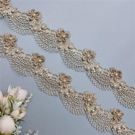 2 Yards Gold Flower Pearl Lace Edge Trim Ribbon 1.77" Width Vintage Style Edging Trimmings Fabric Embroidered Applique Sewing Craft Wedding Dress Embellishment DIY Cards Hats Clothes Embroidery Flower Ocean, Wedding Dress Sewing, Embellished Wedding Dress, Sewing Wedding Dress, Embellishment Diy, Embroidery On Clothes, Pearl And Lace, Craft Wedding, Pearl Flower