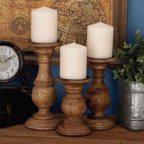 Laurel Foundry Modern Farmhouse 3 Piece Wood Candlestick Set & Reviews | Wayfair.ca Wood Votive Candle Holder, Wood Lathe Projects, Rustic Wood Candle Holders, Wood Pillar Candle Holders, Wood Turning Ideas, Cupcake Stands, Lathe Projects, Wooden Candle Sticks, Wood Candle Sticks