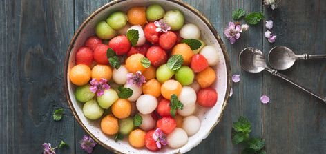 Melon Ball Salad With Minty Lime Dressing Melon Salad, Refreshing Salad, Thai Basil, Large Salad Bowl, Lime Dressing, Just Eat It, Raw Vegan Recipes, Raw Vegan, Summer Salads