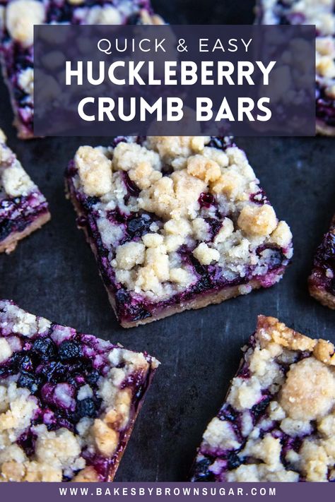 Huckleberry season is here and I made these delicious crumb bars. The buttery sweet crumb is both the bottom and top and perfect with the sweet tart filling. Huckleberries are native to the western United States and similar to blueberries. So if you can't get huckleberries make this sweet treat with blueberries. Get the recipe at Bakes by Brown Sugar. Huckleberry Tart Recipe, How To Freeze Huckleberries, Huckleberry Cobbler Recipe, Huckleberry Crisp Recipe, Huckleberry Crisp With Oatmeal, Huckleberry Muffins With Crumb Topping, Huckleberry Cheesecake Recipe, Huckleberry Scones Recipe, Huckleberry Muffins Recipe