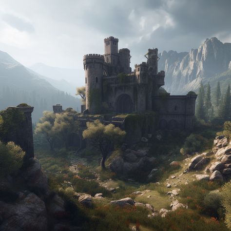 beautiful Ruined castle from witcher Post Apocalyptic Castle, Fantasy Ruined Castle, Ruined Castle Fantasy Concept Art, Fantasy Castle Ruins, Medieval Ruins, Ruined Castle, Fantasy Village, Beautiful Ruins, Bg Design