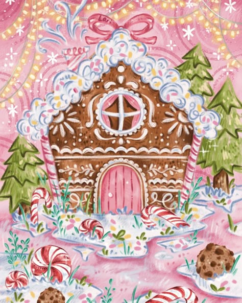 Gingerbread House - Pink Vibes Swipe to see the sketch #gingerbread #winter #christmas #postcard #illustration #procreate #snailmail #penpal Gingerbread House Sketch, Gingerbread House Watercolor, Candy House Illustration, Postcard Sketch, Gingerbread House Drawing, Gingerbread House Illustration, Gingerbread House Painting, Gingerbread Illustration, Gingerbread House Art