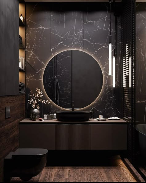 Modern Luxury Bathroom Design Black, Dark Powder Room Ideas Luxe, Bathroom Interior Design Luxury Black, Bathroom Ideas Dark, Bathroom Interior Design Luxury, Black And White Bathroom, Bathroom Design Black, Modern Bathroom Interior, Luxury Master Bathrooms