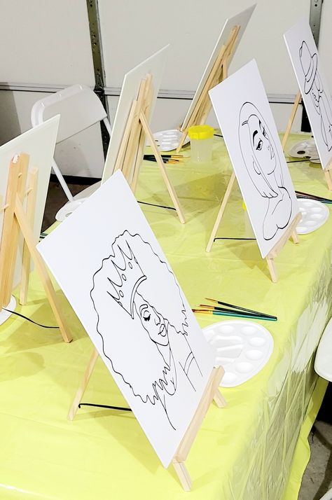 Paint party canvases Paint Party Table Set Up, Brunch Painting Party, Kid Paint Party, Painting Party Ideas For Adults, Painting Activity For Birthday Party, Painting Party Decorations, Canvas Art Party Favor, Kids Canvas Painting Party, Art Party Decorations