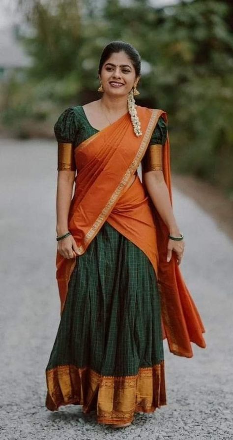 Half Saree Designs Simple, Super Idol, Langa Voni, Ethnic Wears, Dancer Painting, Half Saree Lehenga, Half Sarees, Lehenga Designs Simple, Stylish Tops For Women