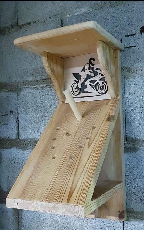 Bike Gear Storage, Bike Helmet Storage, Helmet Hanger, Helmet Storage, Wooden Bird Houses, Diy Holder, Bike Gear, Wooden Projects, Motorcycle Gear