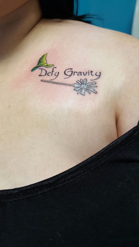 Wicked Defying Gravity Tattoo, Matching Wicked Tattoos, Defy Gravity Tattoo, Wicked Tattoo Ideas, Peas Tattoo, Wicked Tattoos Musical, Wicked Musical Tattoo, Broadway Tattoos, Owl Tat