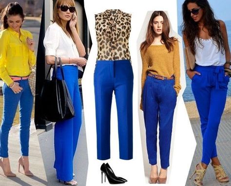 Blue Pants Outfit Work, Royal Blue Pants Outfit, Blue Pants Outfit, Royal Blue Outfits, Royal Blue Pants, Mode Ab 50, Colour Combinations Fashion, Look Office, Color Combos Outfit