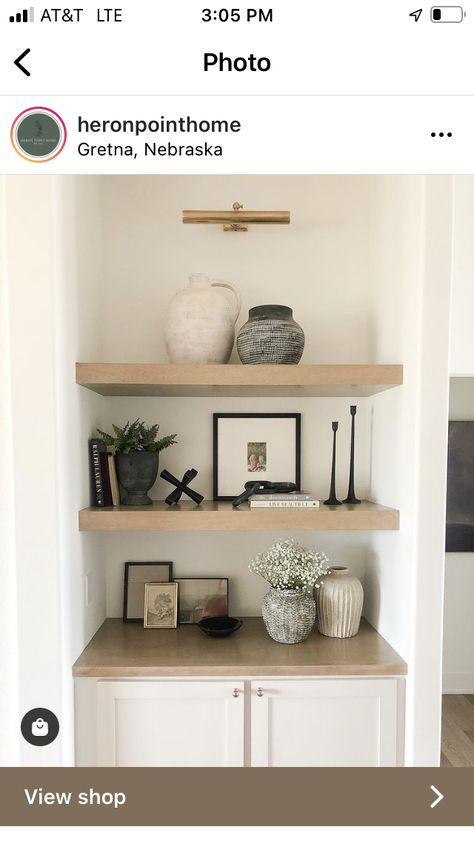 Floating Shelf Next To Fireplace, Shelve Decorating, Floating Shelves By Fireplace, Shelves Next To Fireplace, Home Shelves Ideas, White Built Ins, Built In Shelves Living Room, Built In Cabinet, Fireplace Built Ins