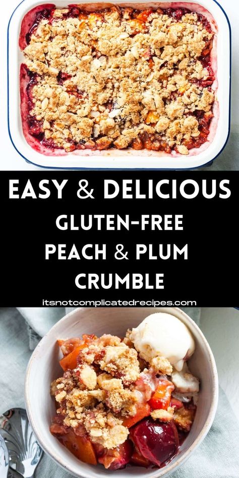 This delicious Gluten-Free Peach and Plum Crumble will have your friends and family coming back for more. During stone fruit season, take advantage of perfectly ripe peaches and plums. Apart from the sheer deliciousness of this dessert, the other advantage is that it is gluten-free – and without a doubt, nobody will know. Serve it to friends and family with confidence – they will love it. #glutenfreecrumble #glutenfreepeachcrumble #peachandplum #cravecookconsume #itsnotcomplicatedrecipes Plums Recipes Dessert, Gluten Free Crumble, Peaches And Plums, Plum Dessert, Plum Crumble, Complicated Recipes, Plum Recipes, Peach Crumble, Fruit Crumble