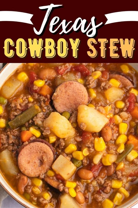 If you have a big family with an even bigger appetite, you have to try this incredible Texas cowboy stew. It's meaty, filling, and super easy to make. Cowboy Stew Recipe Ground Beef, Texas Cowboy Stew Recipe, Paula Deen Chicken, Texas Cowboy Stew, Cowboy Recipes, Cowboy Food, Stew Easy, Cowboy Stew, Pimento Cheese Recipe