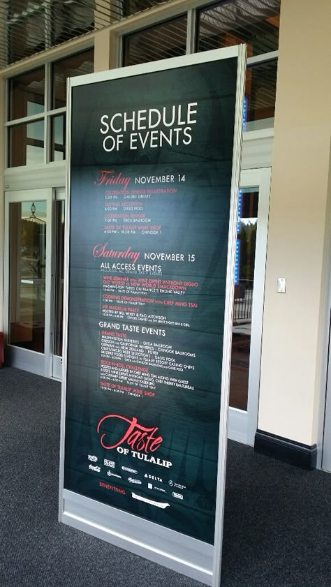 Schedule of Events signage set at Tulalip Resort for the Taste of Tulalip. Conference Decorations Events Ideas, Corporate Event Signage, Conference Ideas Event Planning, Gala Signage, Conference Event Ideas, Conference Decorations Events, Conference Event Design, Conference Signage, Event Collateral