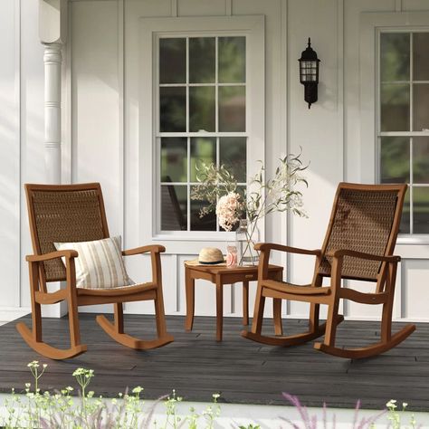 Micah Rocker & Glider Seating Group & Reviews | Birch Lane Neutral Stain, Front Porch Rocking Chairs, Front Porch Seating, Front Porch Furniture, Patio Seating Sets, Rocking Chair Porch, Porch Chairs, Rocking Chair Set, Porch Furniture