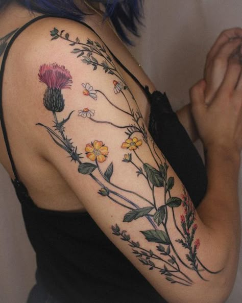 Fireweed Tattoo, Vanessa Core, Botanisches Tattoo, Flower Vine Tattoos, Thistle Tattoo, Garden Tattoos, Wildflower Tattoo, Vine Tattoos, Floral Tattoo Sleeve